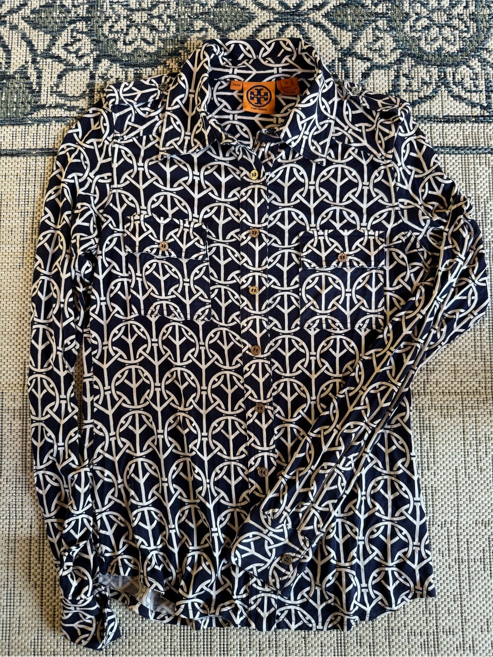 Tory Burch Navy & White Geometric-Print Button Front Shirt